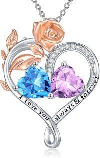 wholesale Sterling Silver Rose Quartz Heart Birthstone Necklace for Women Valentine s Day Gift-03-06-Mar-Jun Birthstones