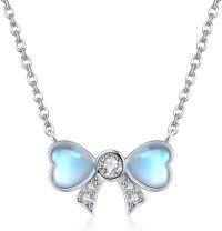 wholesale 925 Sterling Silver Heart-Shaped Moonstone Pendant Necklaces with Cubic Zirconia - Mothers Day Gift Ideas for Her-Bow