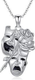 wholesale 925 Sterling Silver Rose and Drama Masks Pendant Necklace - Theatre Themed Jewelry for Women-0-0