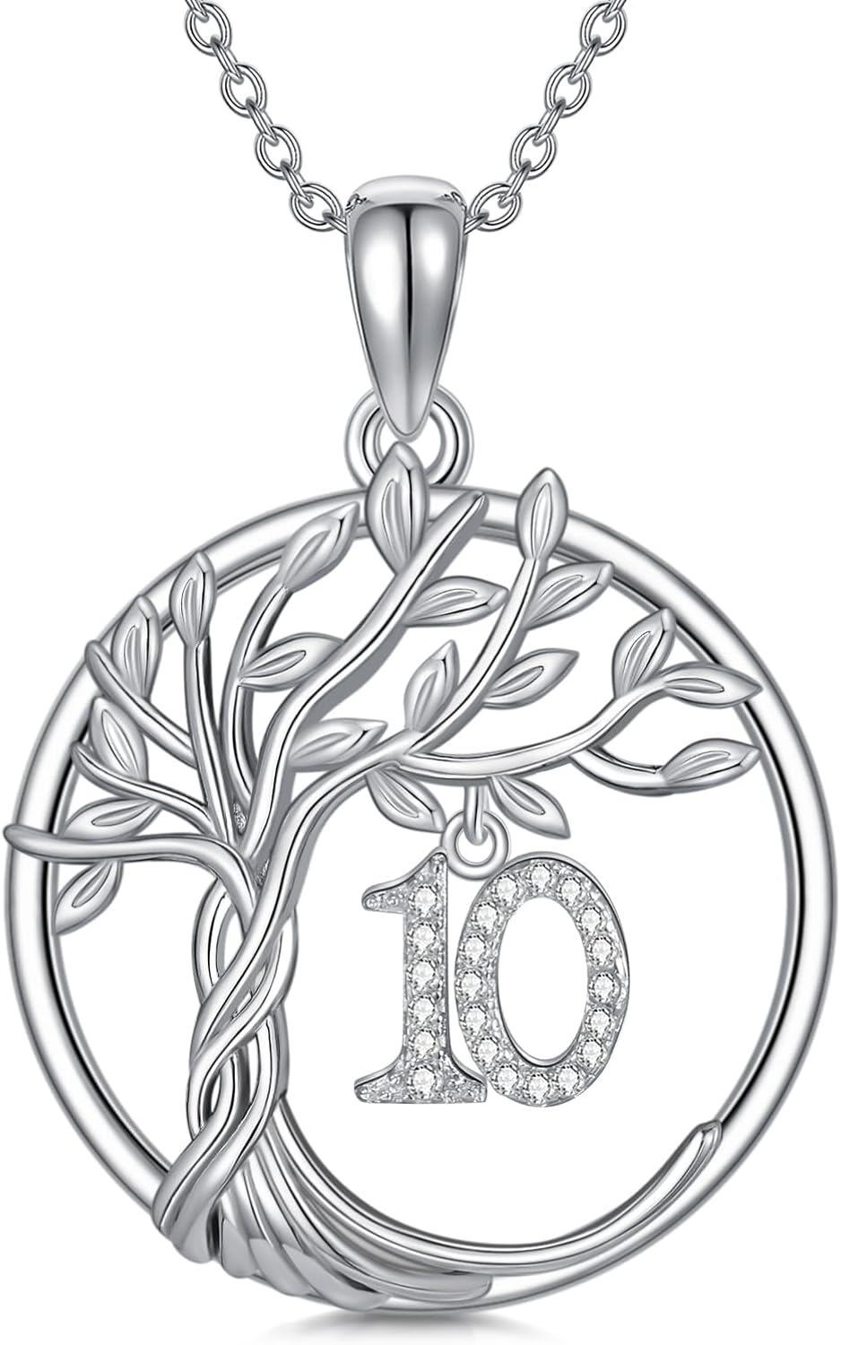 TOUPOP 10th Birthday Gifts For Her S925 Sterling Silver 10 Year Old Necklaces For Women Family Tree Of Life 10th Jewelry Anniversary Christmas Gifts For Her 