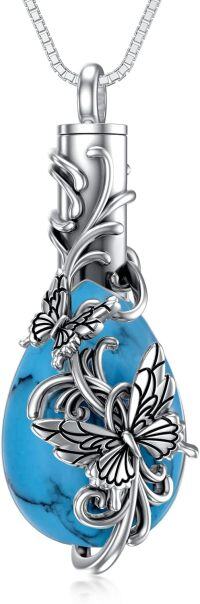 wholesale 925 Sterling Silver Turquoise Blue Stone Pendant with Butterflies and Swirls - Memorial Keepsake Jewelry-02-Butterfly Turquoise Urn