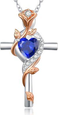 wholesale Sterling Silver Rose Cross Pendant Necklace for Women-09-Sept-Sapphire Blue-09-Sept-Sapphire Blue