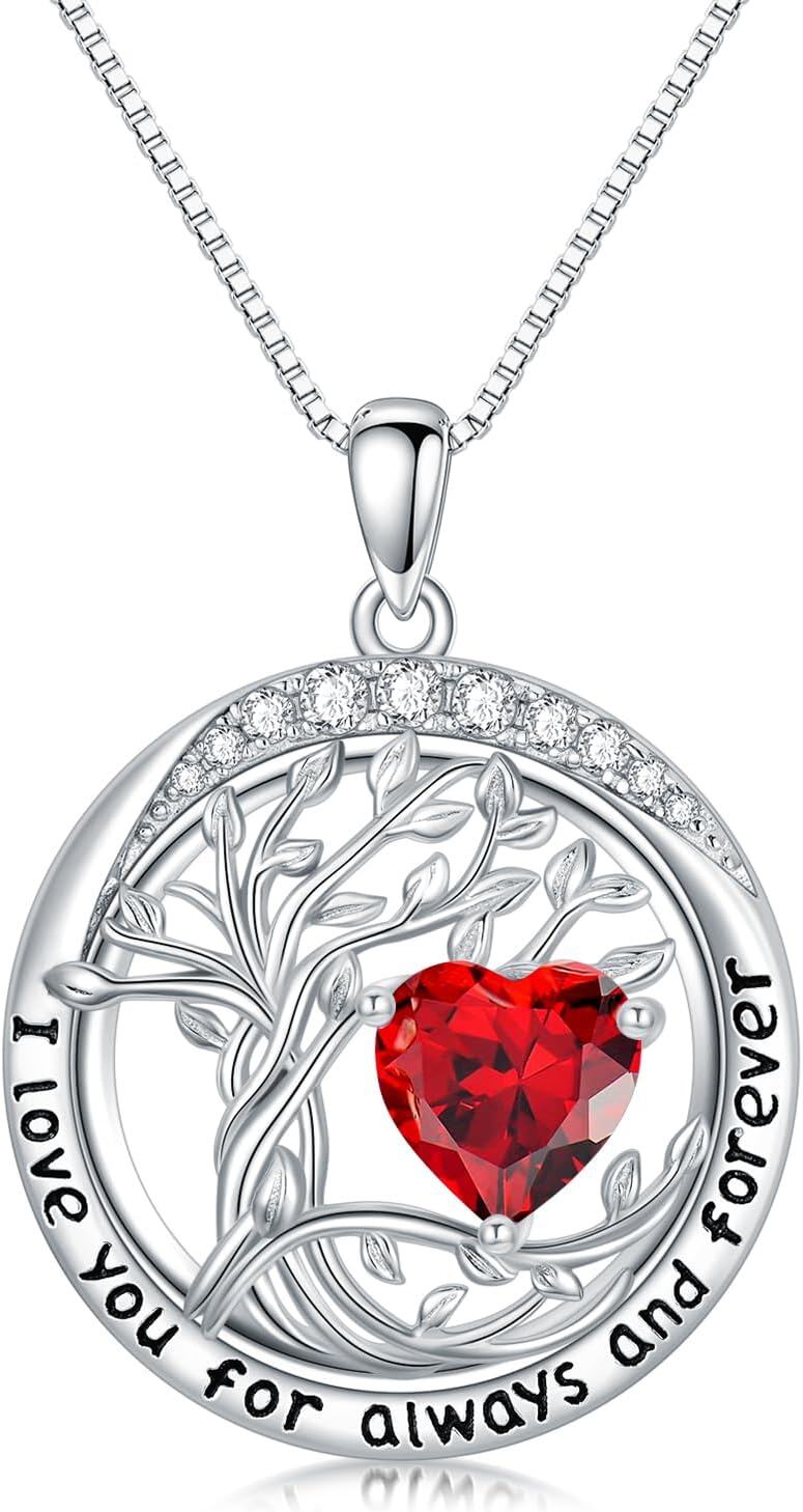 White Gold Sterling Silver Austrian Crystal Tree of Life Birthstone Necklace-01-Jan-Garnet