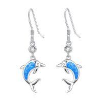 wholesale 925 Sterling Silver Blue Dolphin Earrings With Clear Crystals And Enamel Detailing For Women And Girls-02-Blue Opal Dolphin Hook