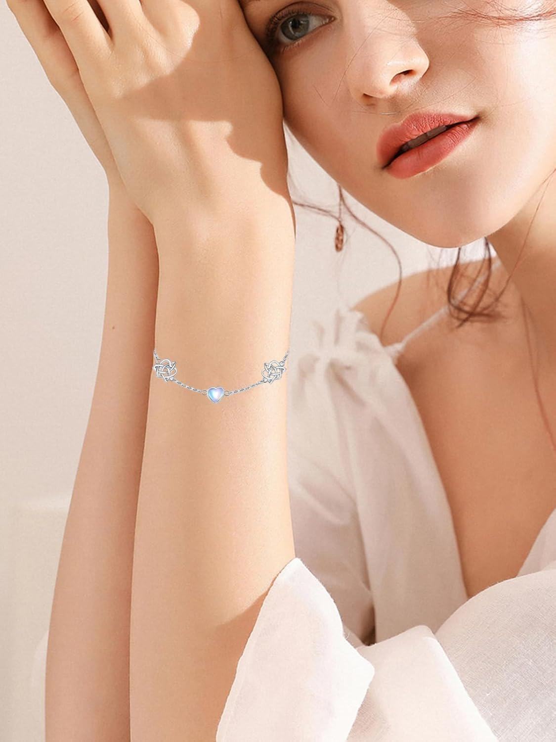 wholesale 925 Sterling Silver Heart Celtic Knot Bracelet with Opalite Beads and Chain Link Design for Women Girls  6-8 Adjustable Length-0-1