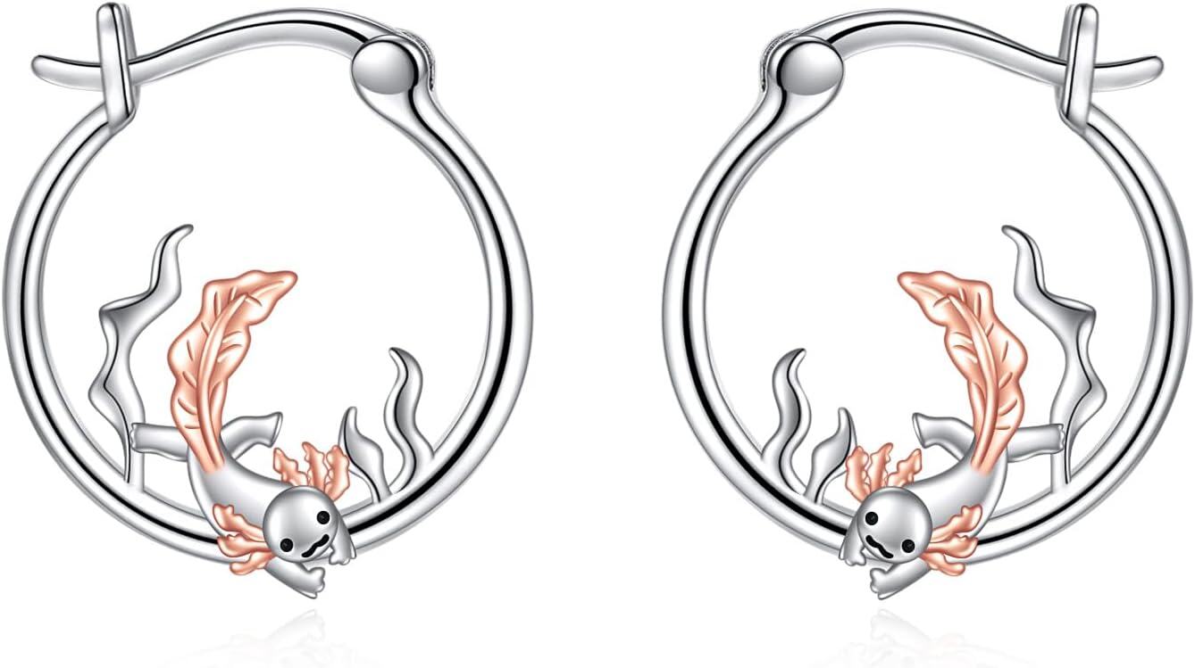 Sterling Silver Animal Hoop Earrings Fox Bear Penguin Axolotl Octopus Raccoon Christmas Gifts for Women-axolotl hoops