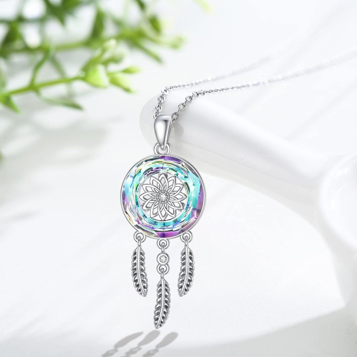 wholesale 925 Sterling Silver Dreamcatcher Feather Pendant Necklaces with Austrian Crystals for Women and Girls-0-3