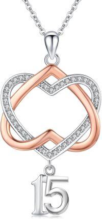 wholesale 925 Sterling Silver Double Heart with Number 15 Charm Pendant Necklace s for Women and Girls-15th