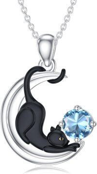 wholesale  Metal Stone Black Cat Moon Pendant Necklace Jewelry Gift for Women ( chars)-March