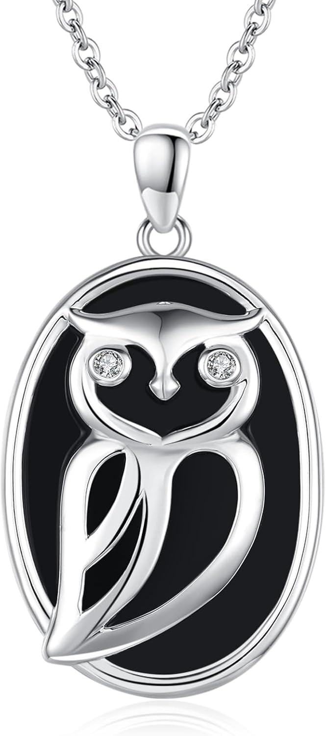 Sterling Silver Black Cat Fox Owl Panda Butterfly Cat Dog Paw Mushroom Pendant Necklace-Black Owl