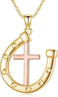 wholesale Gold-Plated 925 Sterling Silver Faith Cross & Heart-Shaped Horseshoe Pendant Necklace for Women-Gold