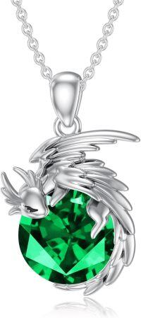 wholesale Sterling Silver Birthstone Wyvern Dragon Pendant Necklace for Women-May(Emerald)