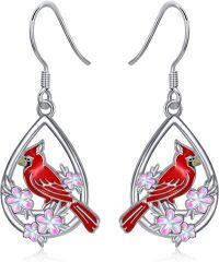 wholesale 925 Sterling Silver 925 Red Cardinal & Flower Teardrop Dangle Earrings - Mother's Day Gift for Her-Cardinal Earrings