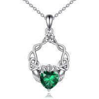 wholesale 925 Sterling Silver Emerald Heart Claddagh Celtic Knot Pendant Necklace Irish s for Women Girls-May