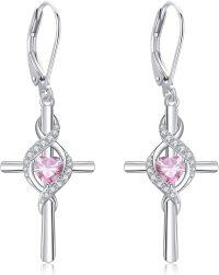 wholesale 925 Sterling Silver Birthstone Cross Dangle Earrings for Women-10-Oct-Created Pink Sapphire