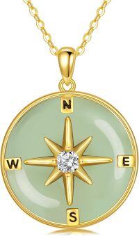 wholesale 14K Gold Plated 925 Sterling Silver Jade Compass Necklace for Women, 1.05 Pendant with 18+2 Chain, Hypoallergenic Gift for Mom Wife Sister-A-Hetian Jade A
