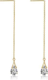 wholesale 925 Sterling Silver CZ Teardrop Chain Threader Drop Dangle Earrings for Women Girls-B-Gold Plated teardrop earrings