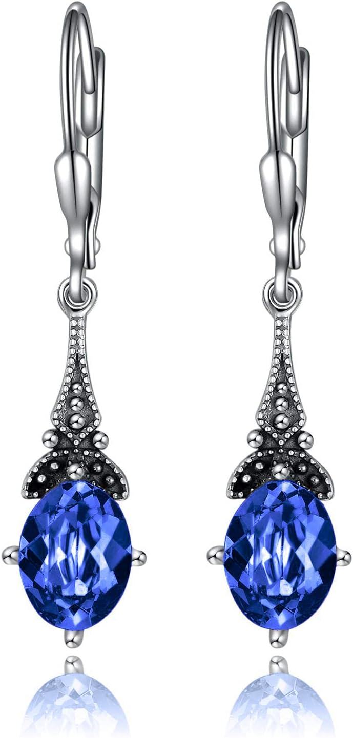 Sterling Silver Austrian Crystal Vintage Drop Dangle Leverback Earrings-Simulated Sapphire