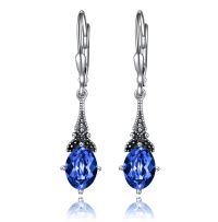 wholesale 925 Sterling Silver Blue Topaz Oval Cut Vintage Style Leverback Earrings-Simulated Sapphire