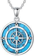 wholesale 925 Sterling Silver Blue Turquoise & Cubic Zirconia Compass Pendant Necklace for Women Girls Gifts Vintage Bohemian Style Jewelry 45cm Chain Length-0-12