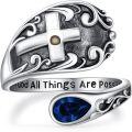 wholesale Sterling Silver with 12 Teardrop Birthstones Vintage Cross Spoon Ring With God All Things Possible Adjustable Faith Ring-0-0