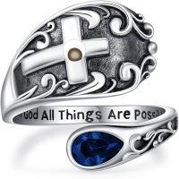 wholesale Sterling Silver with 12 Teardrop Birthstones Vintage Cross Spoon Ring With God All Things Possible Adjustable Faith Ring-September