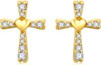 wholesale 14K Gold CZ Heart Cross Stud Earrings for Women - Religious Confirmation Gift-Yellow Gold