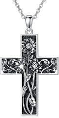 wholesale 925 Sterling Silver Cross with Sunflowers and Leaves Pendant Necklace for Women Girls-0-0