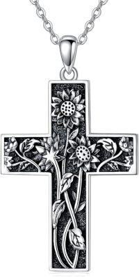 wholesale 925 Sterling Silver Cross with Sunflowers and Leaves Pendant Necklace for Women Girls-Cross Sunflower