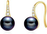 wholesale 14K Gold Black Freshwater Pearl Drop Earrings with Cubic Zirconia Accents - 8mm-black pearl