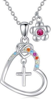 wholesale Gold Cubic Zirconia Cross Necklace Birthstone Jewelry for Women Baptism Communion Confirmation Gifts-07-ruby-Jul