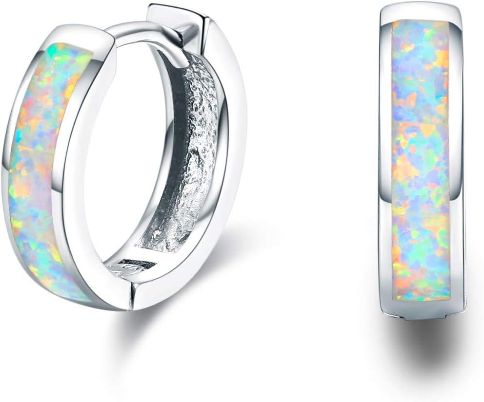Sterling Silver Simulated Opal Hoop Earrings for Women Hypoallergenic Huggie Hinged Hoops Colorful Jewelry Gift-14mm Silver White-14
