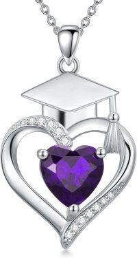 wholesale  Sterling Silver Heart Birthstone Necklace High School College Graduation Jewelry for Her -Customized projection image + text 02-Feb-Amethyst-Non-Personalized 02-Feb-Amethyst