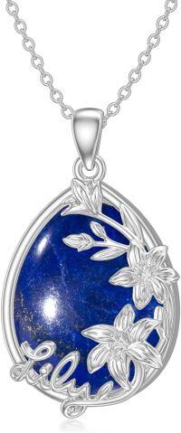 wholesale Sterling Silver Flower Necklace for Women with Rose Lily Daisy Lotus Tulips Pendant-03-Lily Flower Lapis Lazuli Necklace
