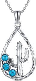 wholesale 925 Sterling Silver Turquoise Bohemian Cactus Pendant Necklace for Women Girls Gifts-0-0