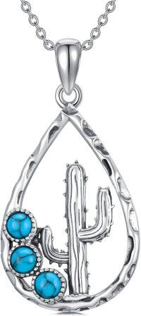 wholesale 925 Sterling Silver Turquoise Bohemian Cactus Pendant Necklace for Women Girls Gifts-2