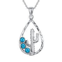 wholesale 925 Sterling Silver Turquoise Bohemian Cactus Pendant Necklace for Women Girls Gifts-2