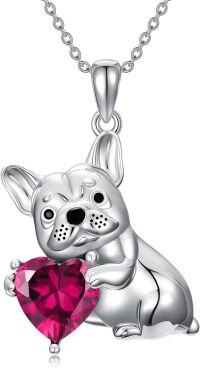 wholesale Metal Synthetic Stone French Bulldog Pendant Necklace for Women-July(Ruby)