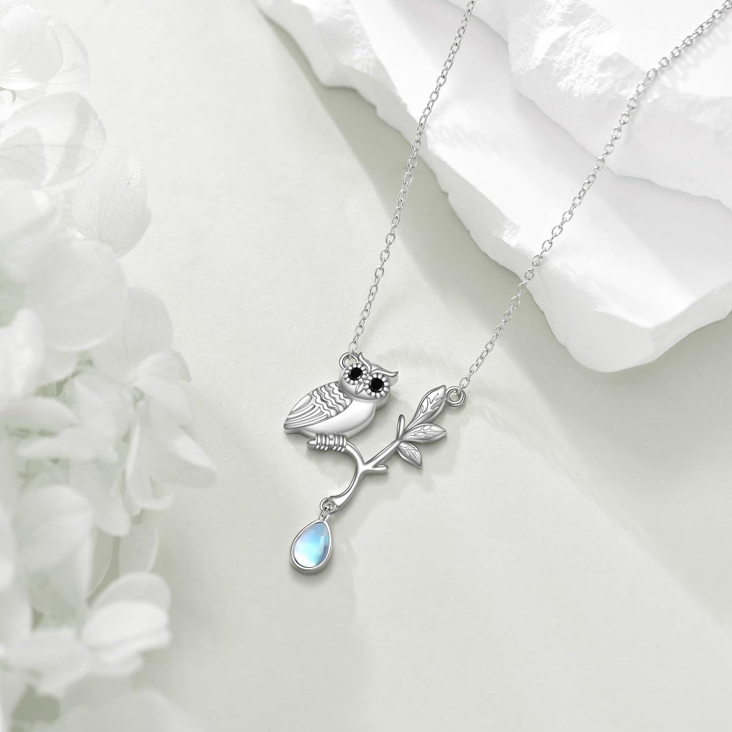925 Sterling Silver Owl Teardrop Pendant Necklace with Moonstone and Branch Charm-0-4