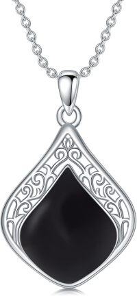 wholesale Sterling Silver Natural Gemstone Teardrop Filigree Celtic Knot Necklace-Black Onyx