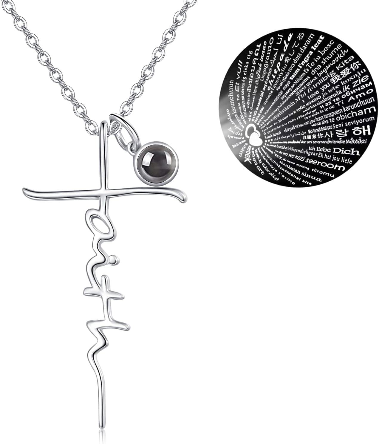 Sterling Silver Birthstone Faith Cross Pendant Necklace for Women-I Love You Necklace in 100 Languages-I Love You Necklace in 100 Languages