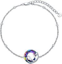 wholesale 925 Sterling Silver Rainbow Crystal Fox & Cat Charm Bracelet w/Heart Austrian Elements Jewelry for Women Girls Gift 7-8 Adjustable Chain Length-A-Cat with Circle Crystal
