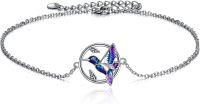 wholesale 925 Sterling Silver Purple Hummingbird & Leaf Design Adjustable Chain Anklet-Purple-Hummingbird Anklet Bracelets Sterling Silver