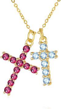 wholesale 14K Gold Sterling Silver Birthstone Double Cross Necklace for Women-07-12-Jul-Dec