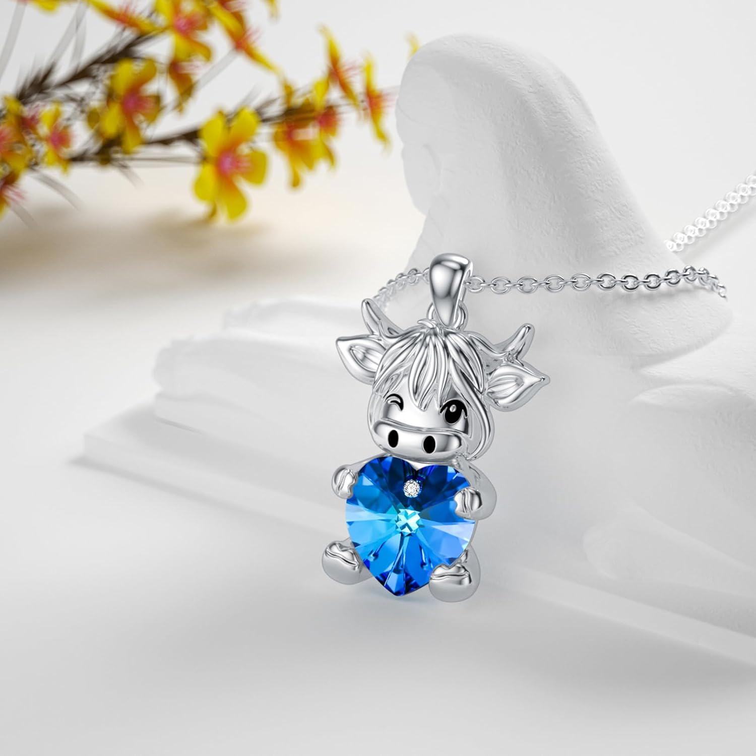 Sterling Silver Crystal Highland Cow Heart Pendant Necklace for Women Girls-0-2