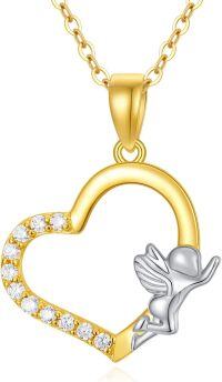 wholesale 14K Gold Diamond Hummingbird Heart Pendant Necklace for Women 18 Chain-J-Angel