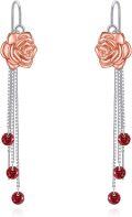 wholesale 925 Sterling Silver Rose Flower Red Crystal Long Tassel Earings for Women-0-0