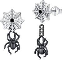 wholesale 925 Sterling Silver Spider Web Stud Earrings with Black Spiders and Crystals-Spider