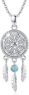 wholesale 925 Sterling Silver Round Blue Stone Flower Design Dreamcatcher Feather Pendant Necklaces for Women Girls s-0-0