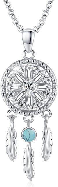wholesale 925 Sterling Silver Round Blue Stone Flower Design Dreamcatcher Feather Pendant Necklaces for Women Girls s-turquoise dreamcatcher
